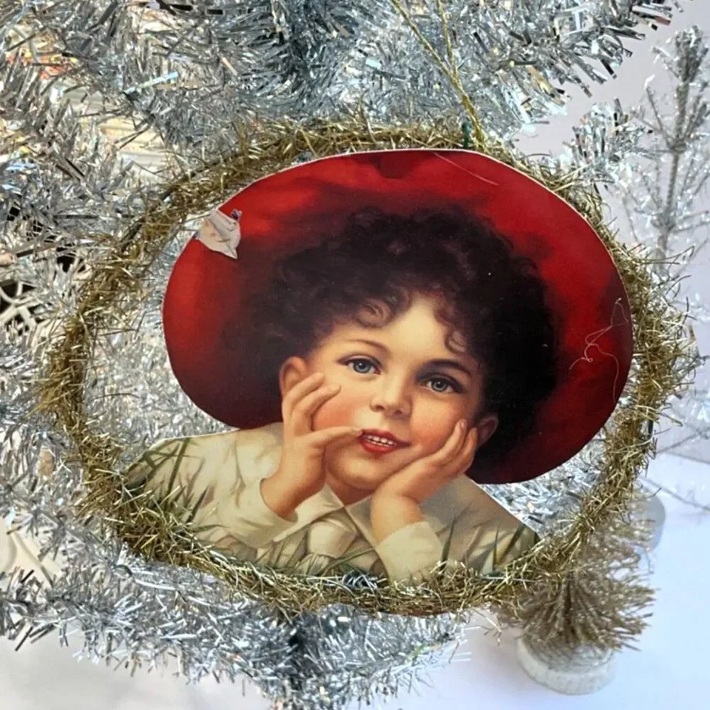 Vintage Victorian Style Die Cut Christmas Ornaments Scrap Tinsel Lady Child Pair